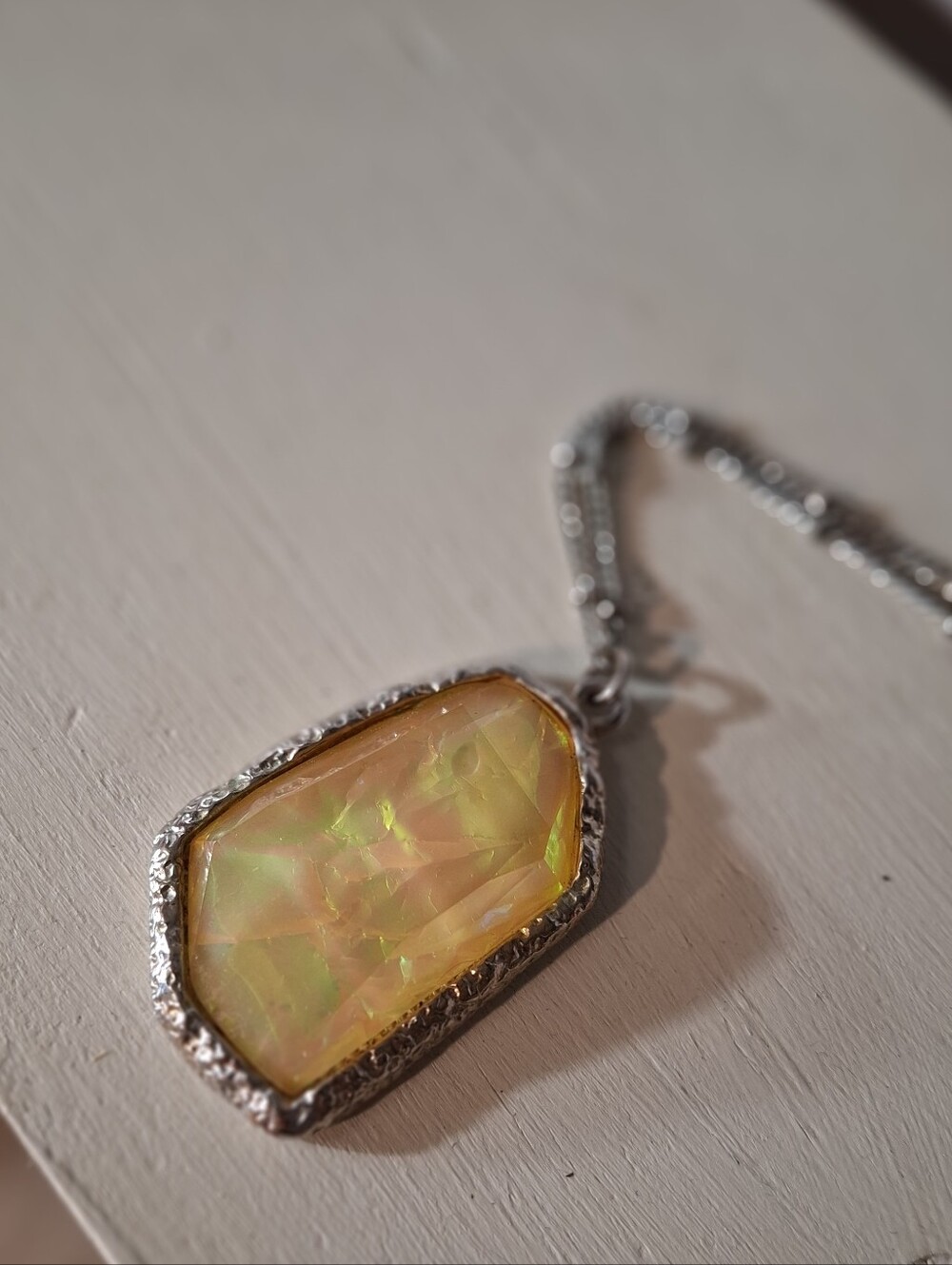Vintage Iridescent Yellow Opalescent Charm W/ Textured Bezel Setting Necklace